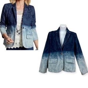 Chico’s Platinum Blue Denim Ombre’ Blazer Jacket Size Small 8/10 Western Paisley